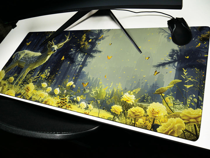 Floral Enchantment Design 3, Desk Pad, Luminous Woodland Majesty, Golden Blossom Glow, Artistic Workspace