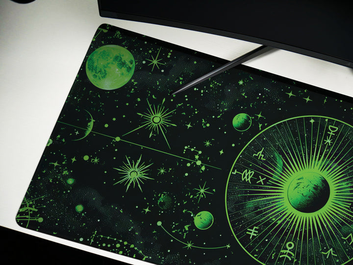 Cosmic Cartography Design 2, Desk Pad, Mouse Pad, Desk Mat, Luminous Astrology, Galactic Green