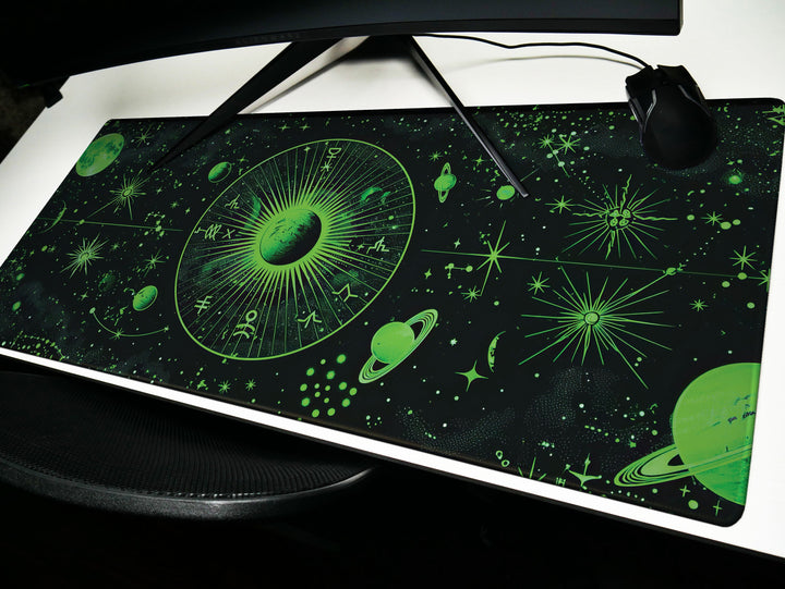Cosmic Cartography Design 2, Desk Pad, Mouse Pad, Desk Mat, Luminous Astrology, Galactic Green