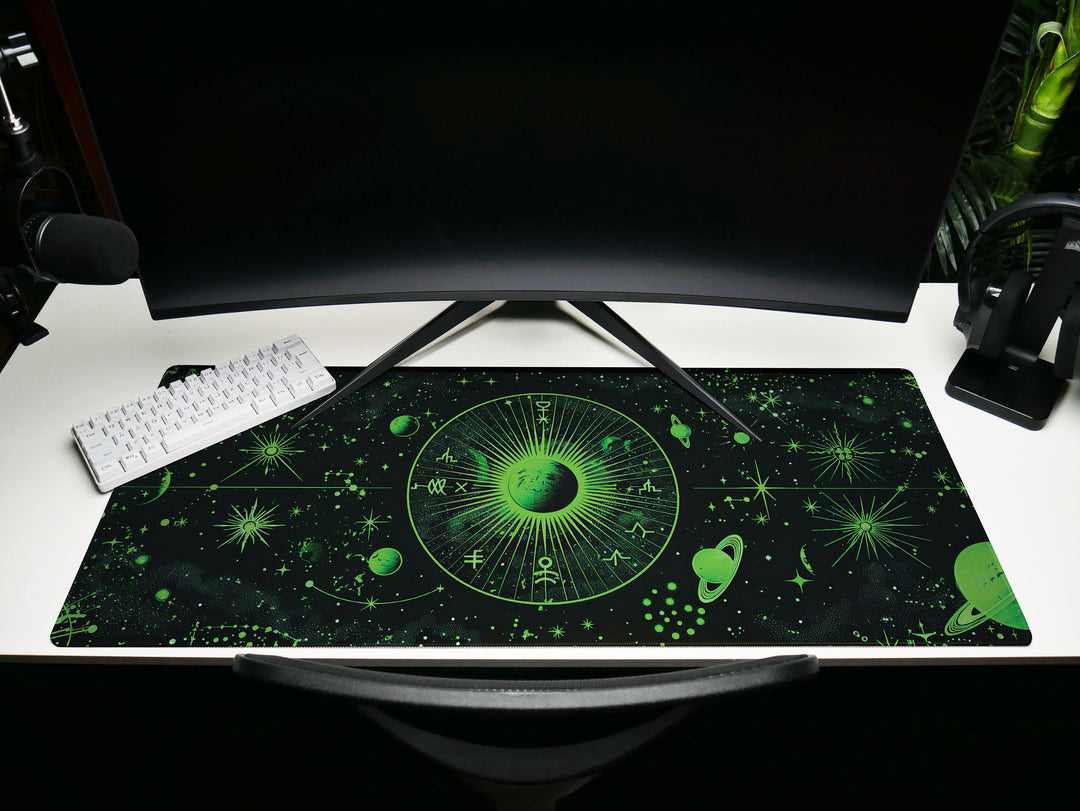 Cosmic Cartography Design 2, Desk Pad, Mouse Pad, Desk Mat, Luminous Astrology, Galactic Green