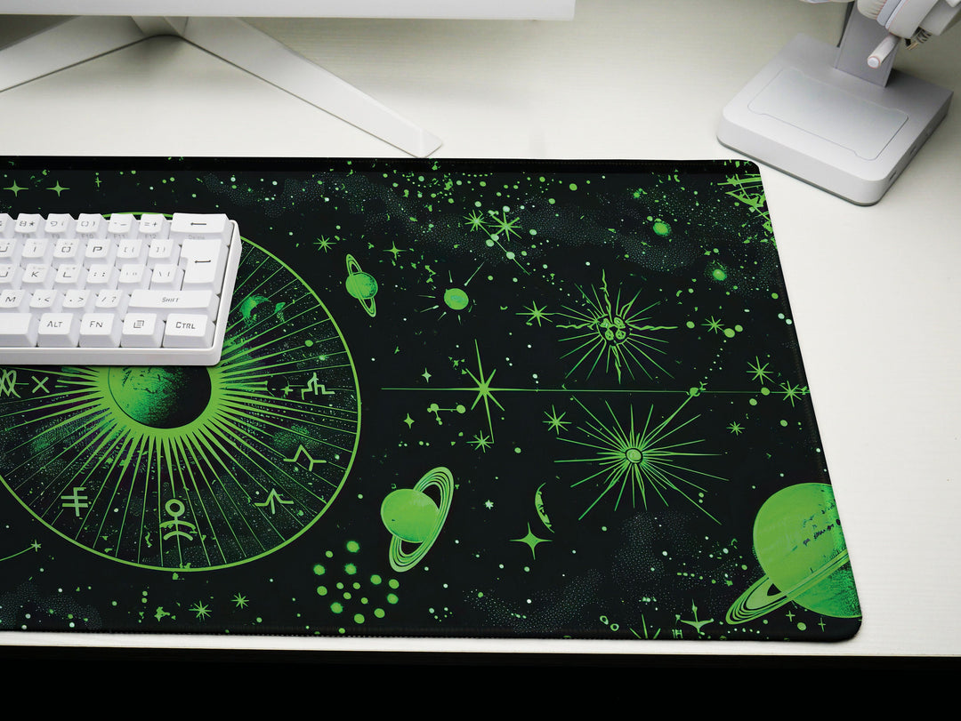 Cosmic Cartography Design 2, Desk Pad, Mouse Pad, Desk Mat, Luminous Astrology, Galactic Green