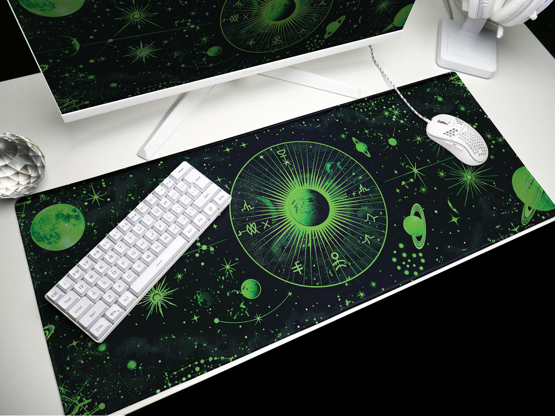 Cosmic Cartography Design 2, Desk Pad, Mouse Pad, Desk Mat, Luminous Astrology, Galactic Green