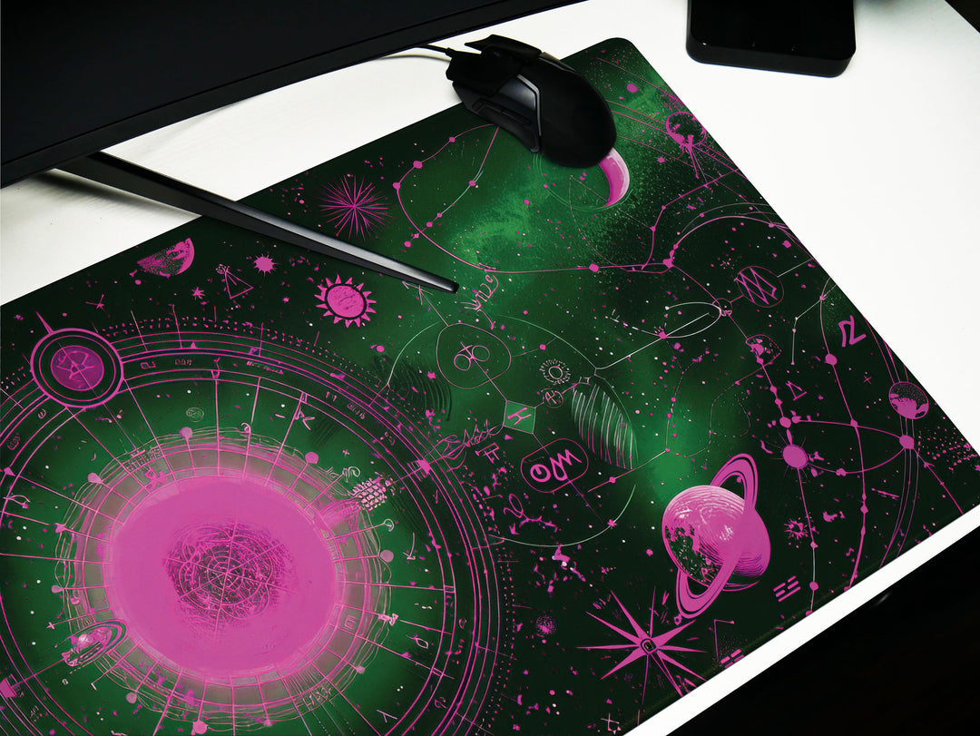Cosmic Cartography Design 4, Desk Pad, Mouse Pad, Desk Mat, Neon Cosmos, Vibrant Astrology