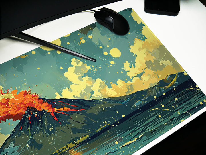 Tropic Eruption, Desk Pad, Mouse Pad, Desk Mat, Volcanic Majesty, Island Adventure, Dynamic Landscape