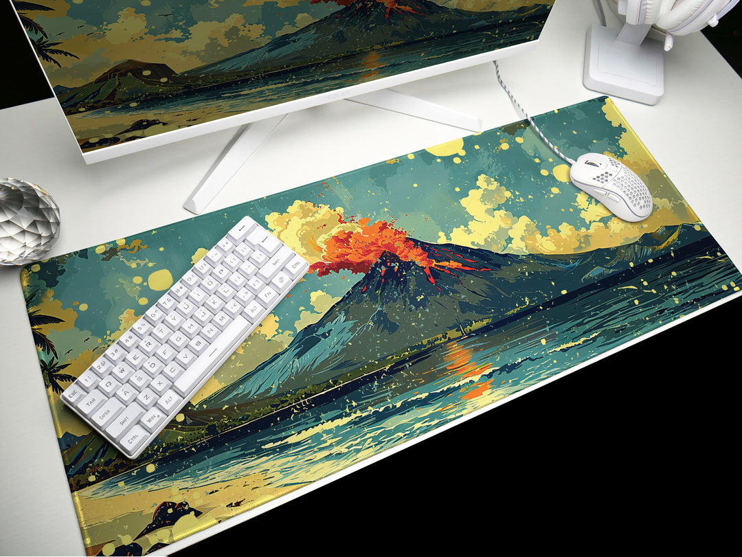 Tropic Eruption, Desk Pad, Mouse Pad, Desk Mat, Volcanic Majesty, Island Adventure, Dynamic Landscape