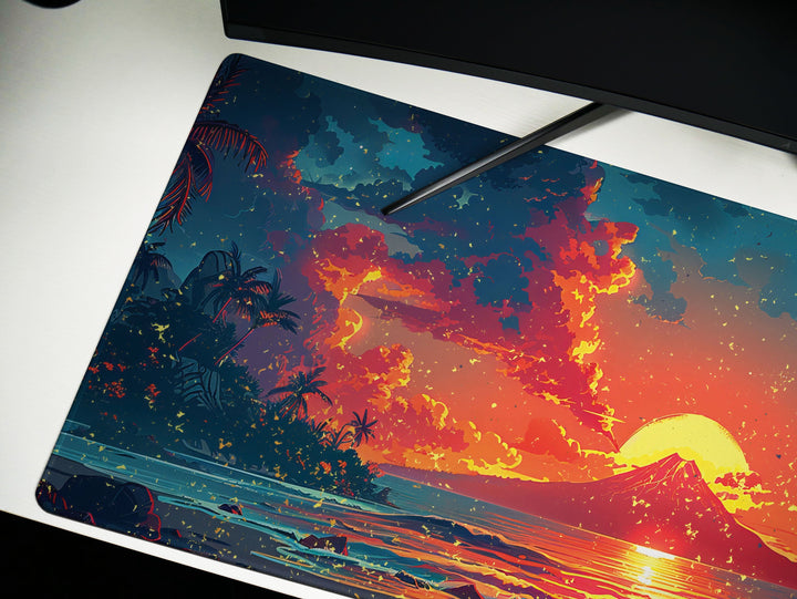 Sunset Serenade, Desk Pad, Mouse Pad, Desk Mat, Volcanic Serenity, Tropical Dusk, Ocean Reflection