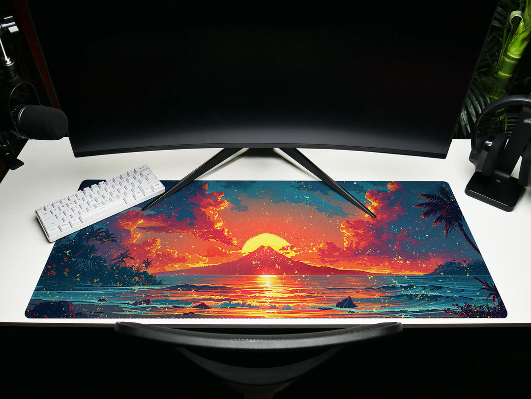 Sunset Serenade, Desk Pad, Mouse Pad, Desk Mat, Volcanic Serenity, Tropical Dusk, Ocean Reflection