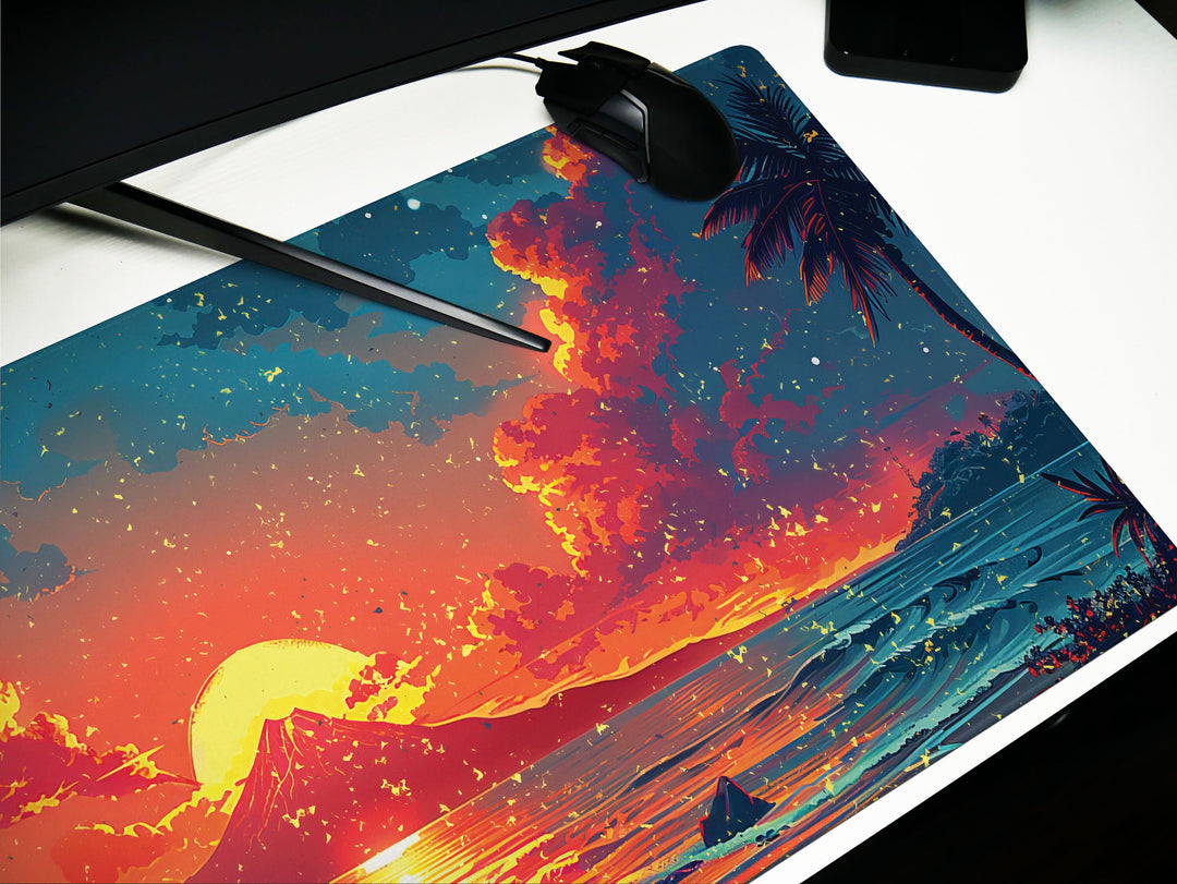 Sunset Serenade, Desk Pad, Mouse Pad, Desk Mat, Volcanic Serenity, Tropical Dusk, Ocean Reflection