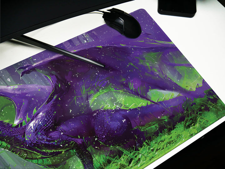Majestic Mythos Design 5, Desk Pad, Violet Vanguard, Enchanted Forest Ambiance, Mystical Dragon Realm