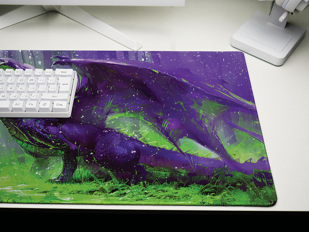 Majestic Mythos Design 5, Desk Pad, Violet Vanguard, Enchanted Forest Ambiance, Mystical Dragon Realm