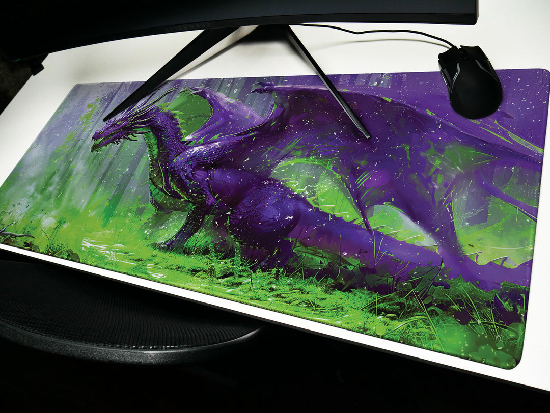 Majestic Mythos Design 5, Desk Pad, Violet Vanguard, Enchanted Forest Ambiance, Mystical Dragon Realm