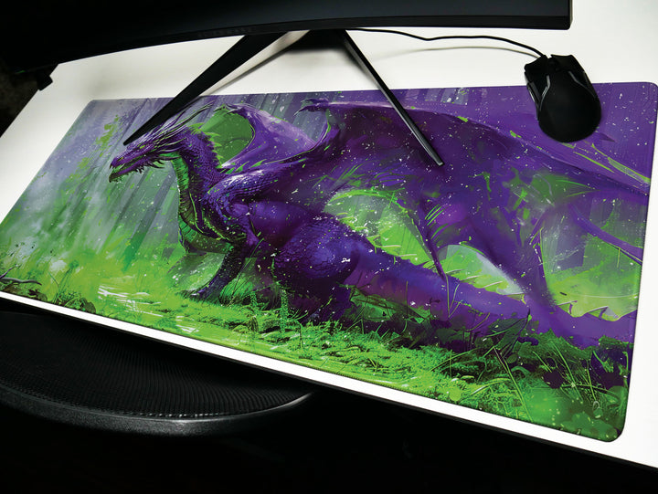 Majestic Mythos Design 5, Desk Pad, Violet Vanguard, Enchanted Forest Ambiance, Mystical Dragon Realm