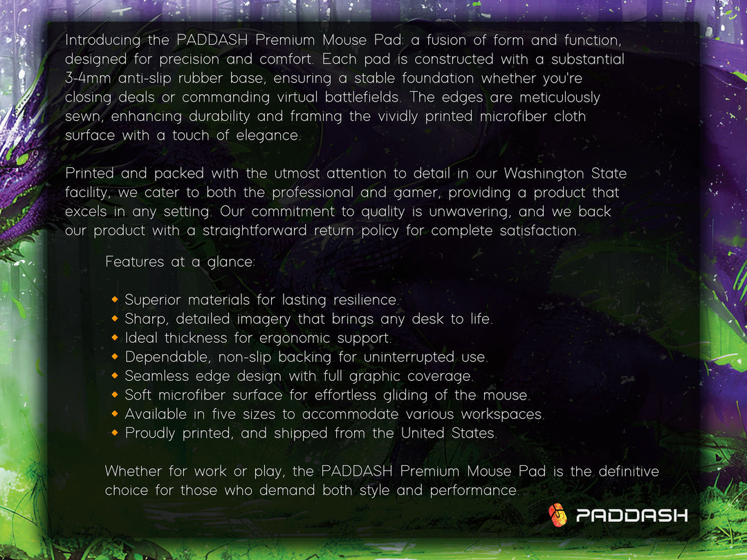 Majestic Mythos Design 5, Desk Pad, Violet Vanguard, Enchanted Forest Ambiance, Mystical Dragon Realm