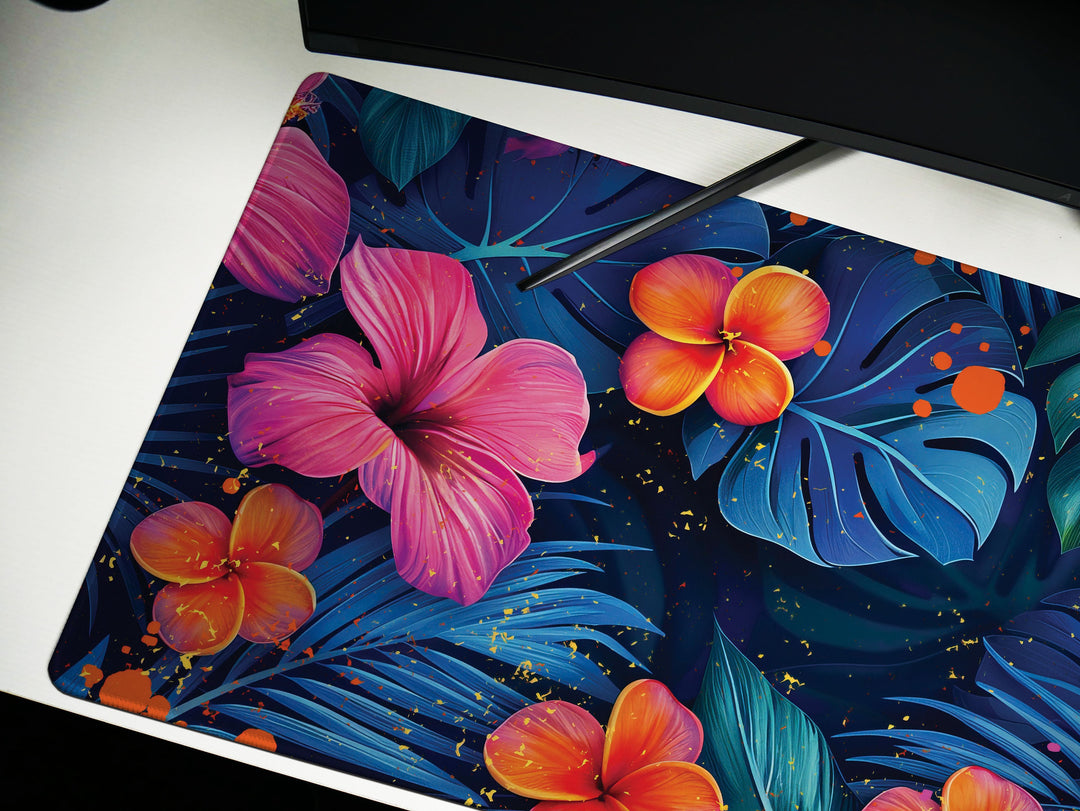 Tropical Escape Design 4, Desk Pad, Majestic Midnight Blooms, Vibrant Office Decor, Floral Desk Mat