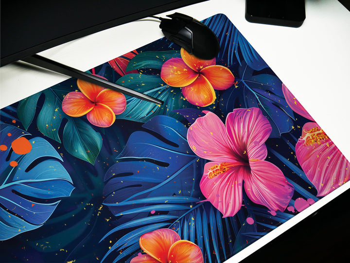 Tropical Escape Design 4, Desk Pad, Majestic Midnight Blooms, Vibrant Office Decor, Floral Desk Mat