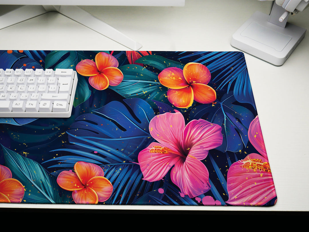 Tropical Escape Design 4, Desk Pad, Majestic Midnight Blooms, Vibrant Office Decor, Floral Desk Mat