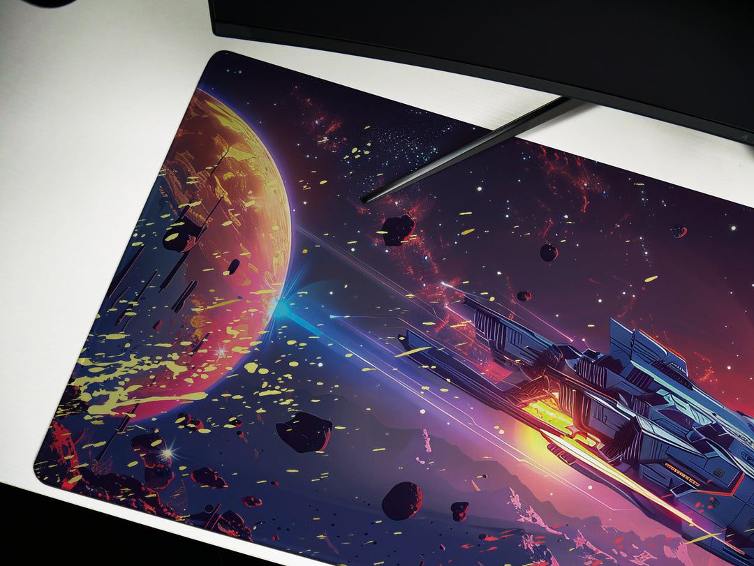 Cosmic Conquest Design 2, Desk Pad, Mouse Pad, Desk Mat, Solar Blaze, Dynamic Comet Trails