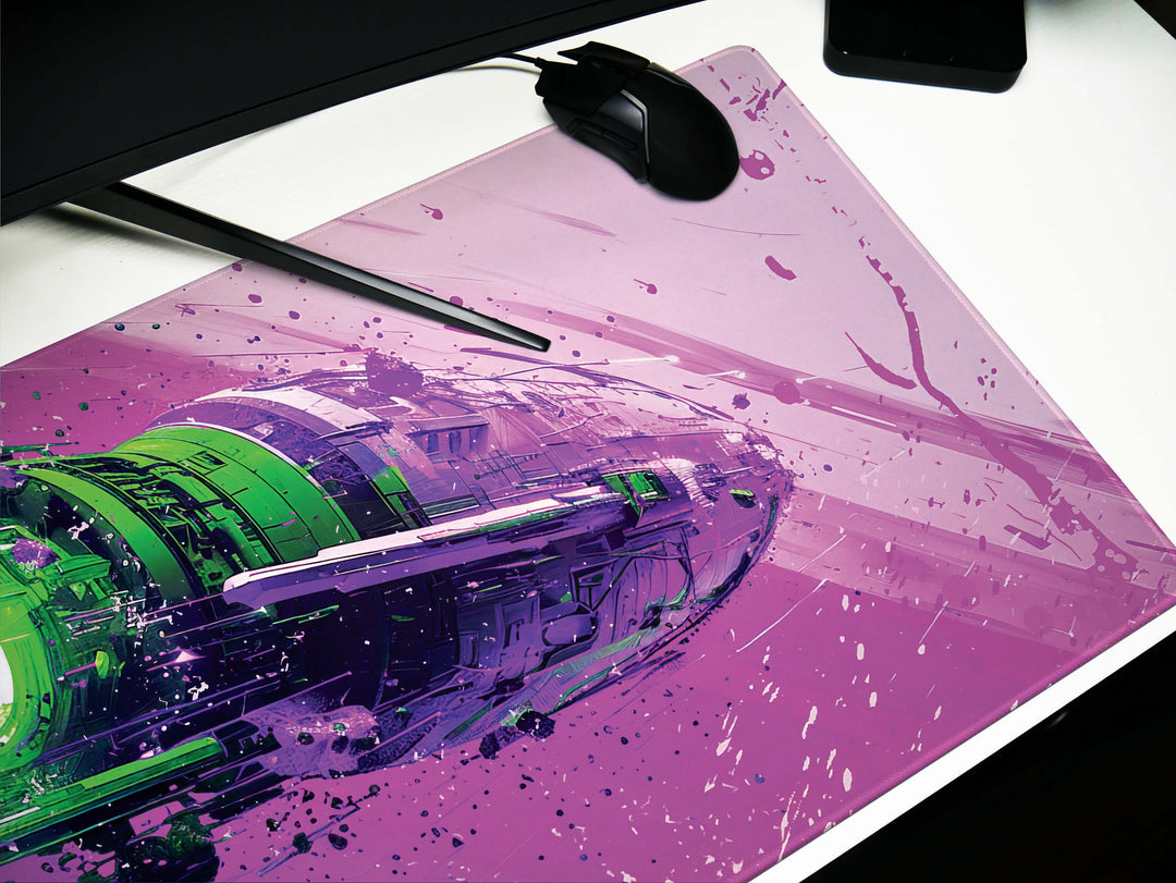 Cosmic Conquest Design 5, Desk Pad, Mouse Pad, Desk Mat, Neon Star Cruiser, Purple Nebula Blast