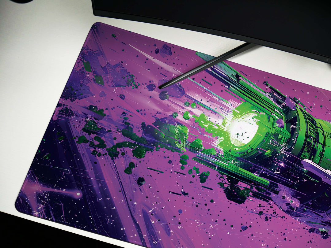 Cosmic Conquest Design 5, Desk Pad, Mouse Pad, Desk Mat, Neon Star Cruiser, Purple Nebula Blast