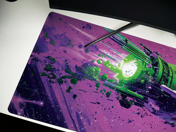 Cosmic Conquest Design 5, Desk Pad, Mouse Pad, Desk Mat, Neon Star Cruiser, Purple Nebula Blast