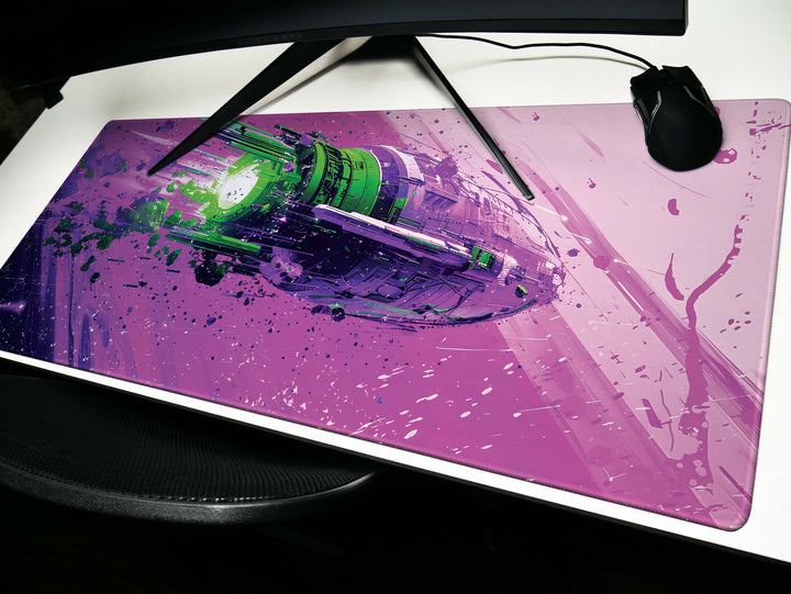 Cosmic Conquest Design 5, Desk Pad, Mouse Pad, Desk Mat, Neon Star Cruiser, Purple Nebula Blast