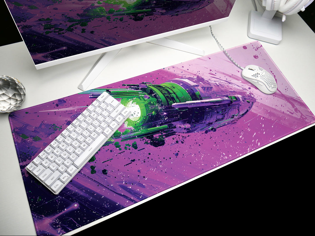 Cosmic Conquest Design 5, Desk Pad, Mouse Pad, Desk Mat, Neon Star Cruiser, Purple Nebula Blast