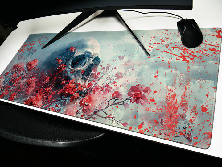 Eternal Bloom Design 1, Desk Pad, Mouse Pad, Desk Mat, Crimson Surrealism, Floral Skull Drama
