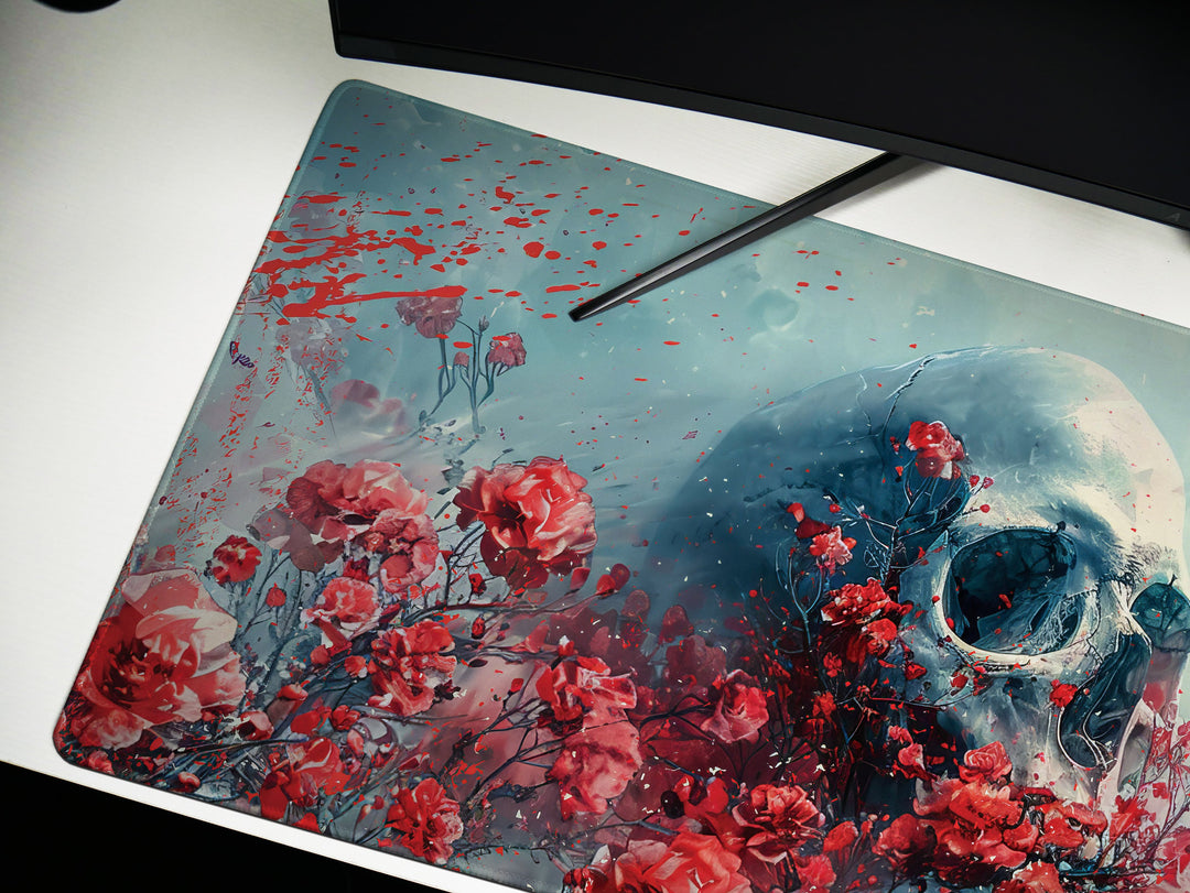 Eternal Bloom Design 1, Desk Pad, Mouse Pad, Desk Mat, Crimson Surrealism, Floral Skull Drama