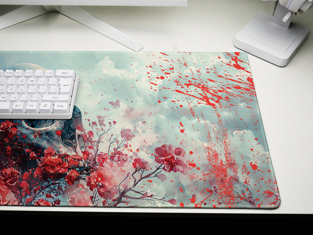 Eternal Bloom Design 1, Desk Pad, Mouse Pad, Desk Mat, Crimson Surrealism, Floral Skull Drama