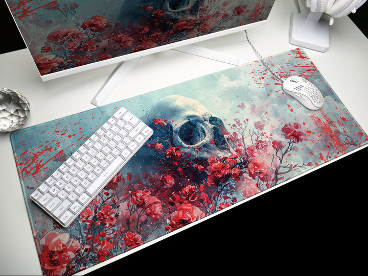 Eternal Bloom Design 1, Desk Pad, Mouse Pad, Desk Mat, Crimson Surrealism, Floral Skull Drama