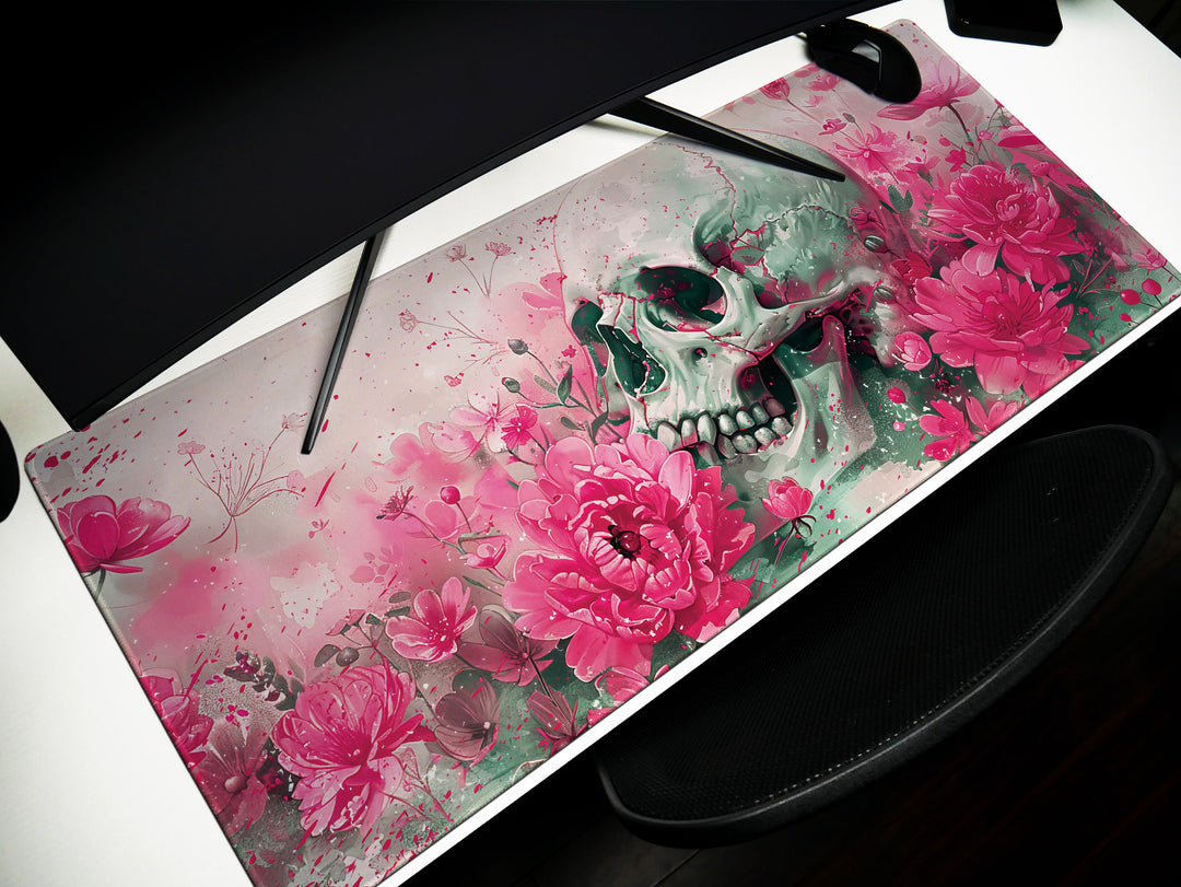 Eternal Bloom Design 2, Desk Pad, Mouse Pad, Desk Mat, Pink Floral Macabre, Artistic Elegance