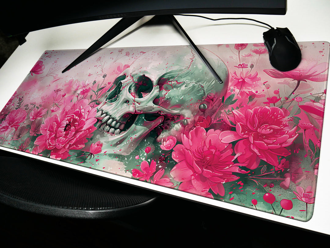 Eternal Bloom Design 2, Desk Pad, Mouse Pad, Desk Mat, Pink Floral Macabre, Artistic Elegance