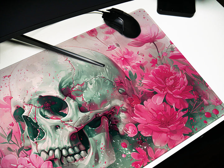 Eternal Bloom Design 2, Desk Pad, Mouse Pad, Desk Mat, Pink Floral Macabre, Artistic Elegance