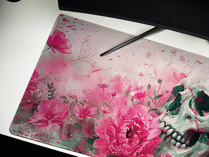 Eternal Bloom Design 2, Desk Pad, Mouse Pad, Desk Mat, Pink Floral Macabre, Artistic Elegance