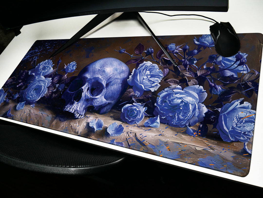 Eternal Bloom Design 3, Desk Pad, Mouse Pad, Desk Mat, Midnight Blue, Gothic Floral