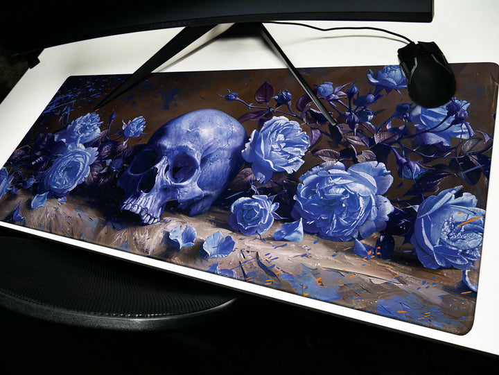 Eternal Bloom Design 3, Desk Pad, Mouse Pad, Desk Mat, Midnight Blue, Gothic Floral