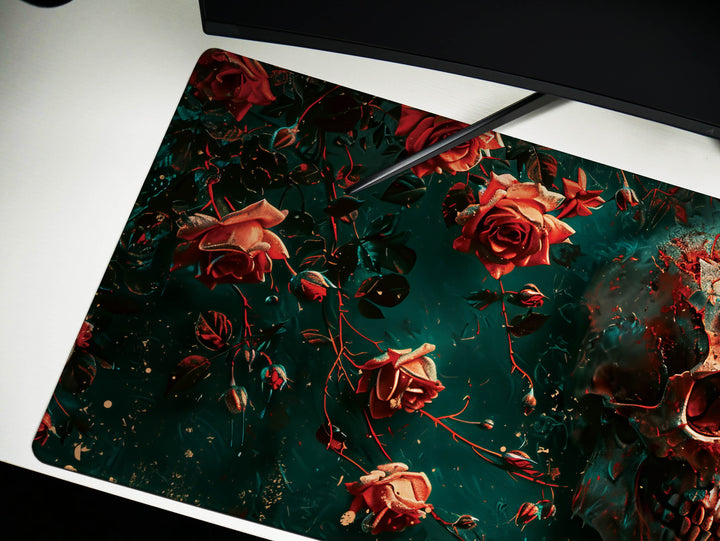 Eternal Bloom Design 6, Desk Pad, Mouse Pad, Desk Mat, Crimson Surrealism, Deep Sea Florals