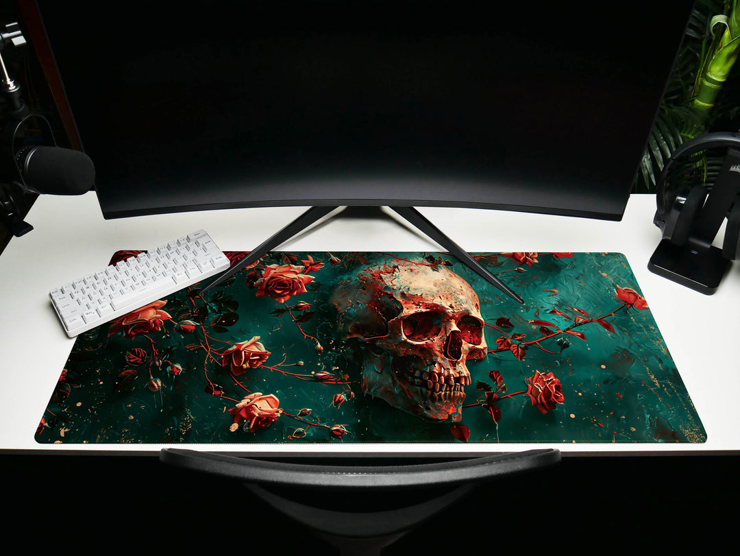 Eternal Bloom Design 6, Desk Pad, Mouse Pad, Desk Mat, Crimson Surrealism, Deep Sea Florals