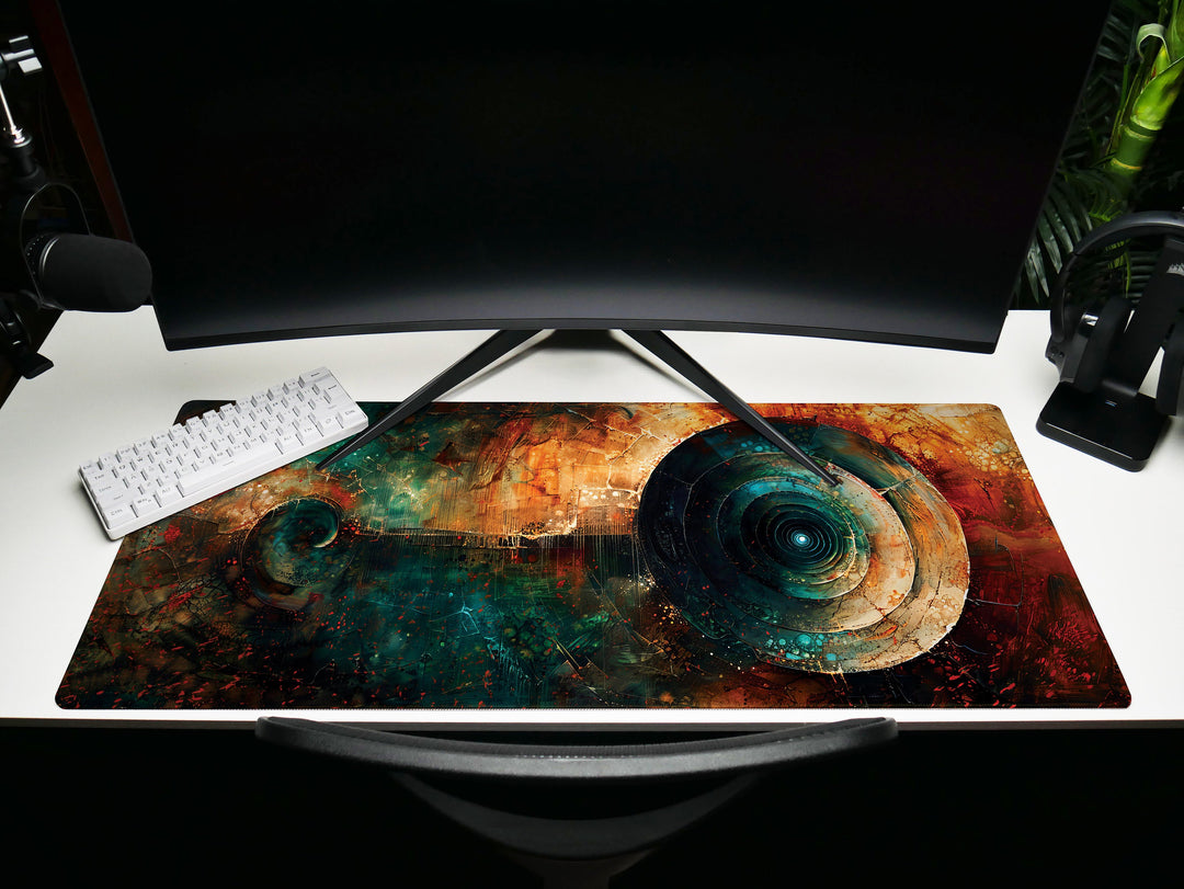 Spiral Genesis Design 1, Desk Pad, Mouse Pad, Desk Mat, Enigmatic Abstract Art, Vivid Colors, Dynamic Flow