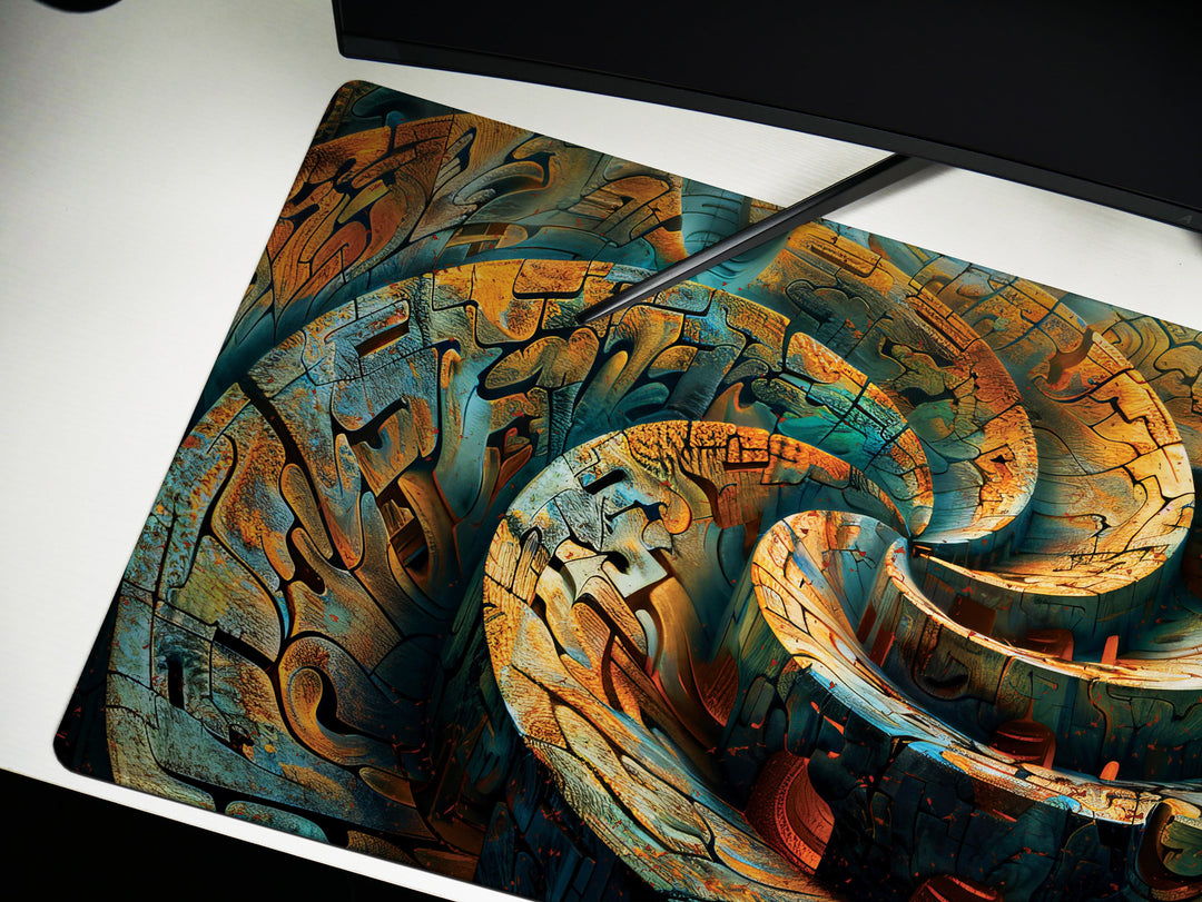 Spiral Genesis Design 2, Desk Pad, Mouse Pad, Desk Mat, Labyrinthine Textures, Earth Tones, Metallic Finish