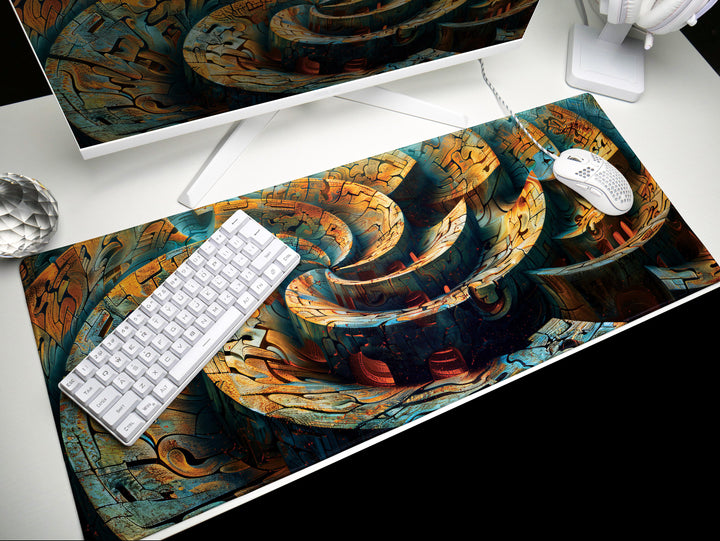 Spiral Genesis Design 2, Desk Pad, Mouse Pad, Desk Mat, Labyrinthine Textures, Earth Tones, Metallic Finish