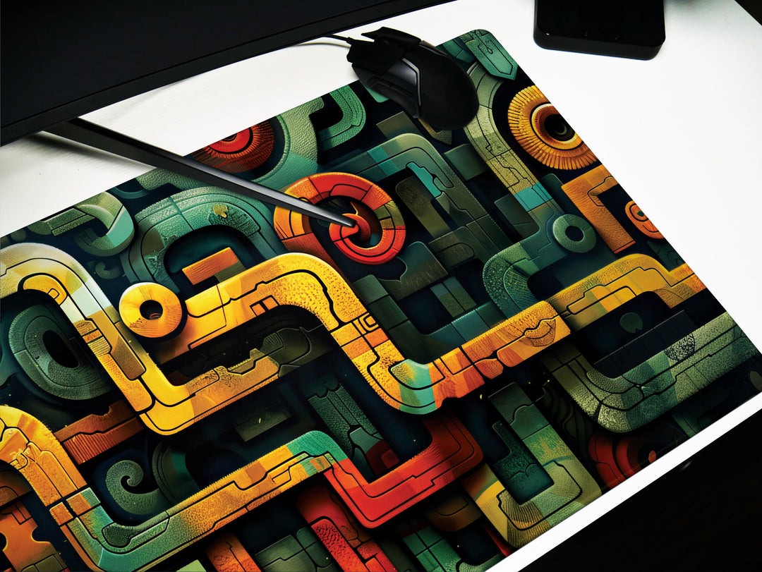 Spiral Genesis Design 3, Desk Pad, Mouse Pad, Desk Mat, Complex Abstract, Turquoise Highlights, Golden Accents