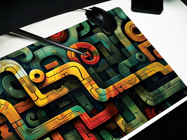 Spiral Genesis Design 3, Desk Pad, Mouse Pad, Desk Mat, Complex Abstract, Turquoise Highlights, Golden Accents
