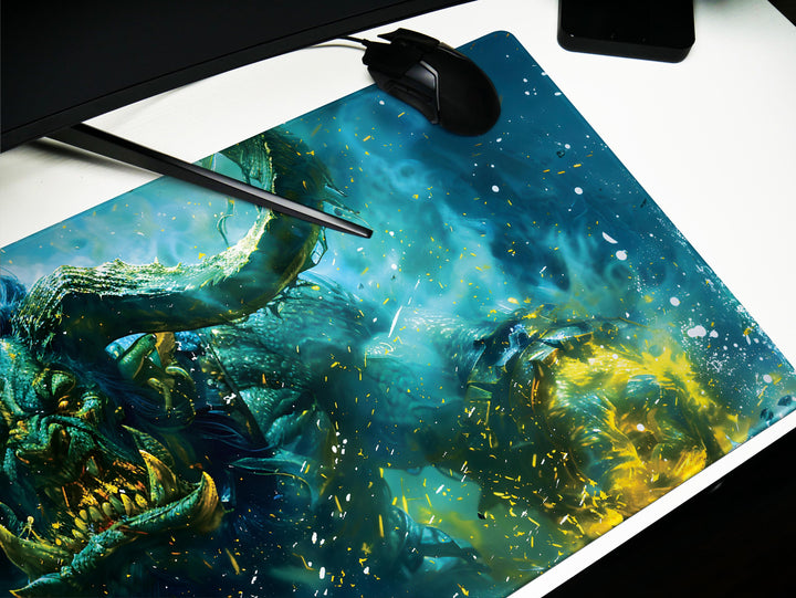 Inferno Elemental Design 4, Desk Pad, Mouse Pad, Desk Mat, Blue Depths, Leviathan's Wrath