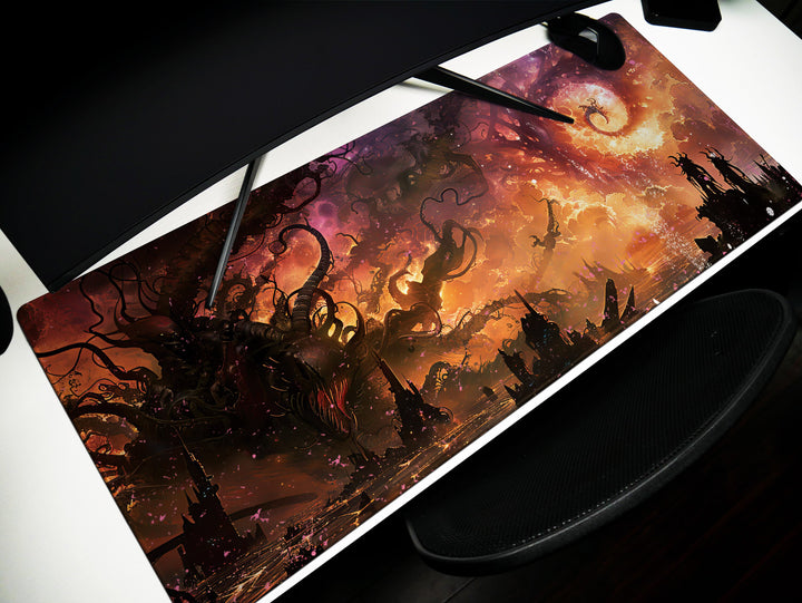Eldritch Inferno Design 1, Desk Pad, Mouse Pad, Desk Mat, Cosmic Apocalypse, Alien Architecture