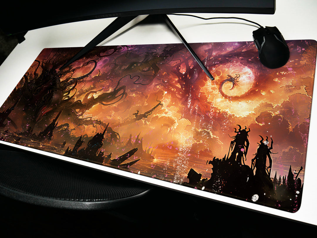 Eldritch Inferno Design 1, Desk Pad, Mouse Pad, Desk Mat, Cosmic Apocalypse, Alien Architecture