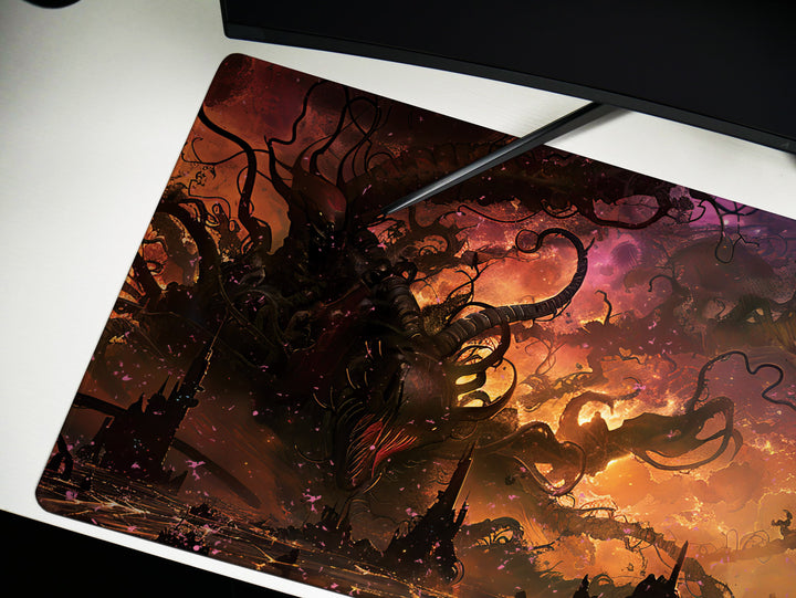 Eldritch Inferno Design 1, Desk Pad, Mouse Pad, Desk Mat, Cosmic Apocalypse, Alien Architecture