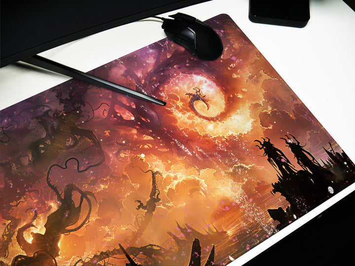 Eldritch Inferno Design 1, Desk Pad, Mouse Pad, Desk Mat, Cosmic Apocalypse, Alien Architecture