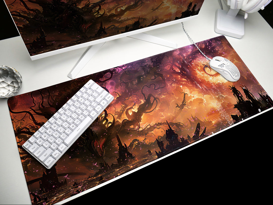 Eldritch Inferno Design 1, Desk Pad, Mouse Pad, Desk Mat, Cosmic Apocalypse, Alien Architecture