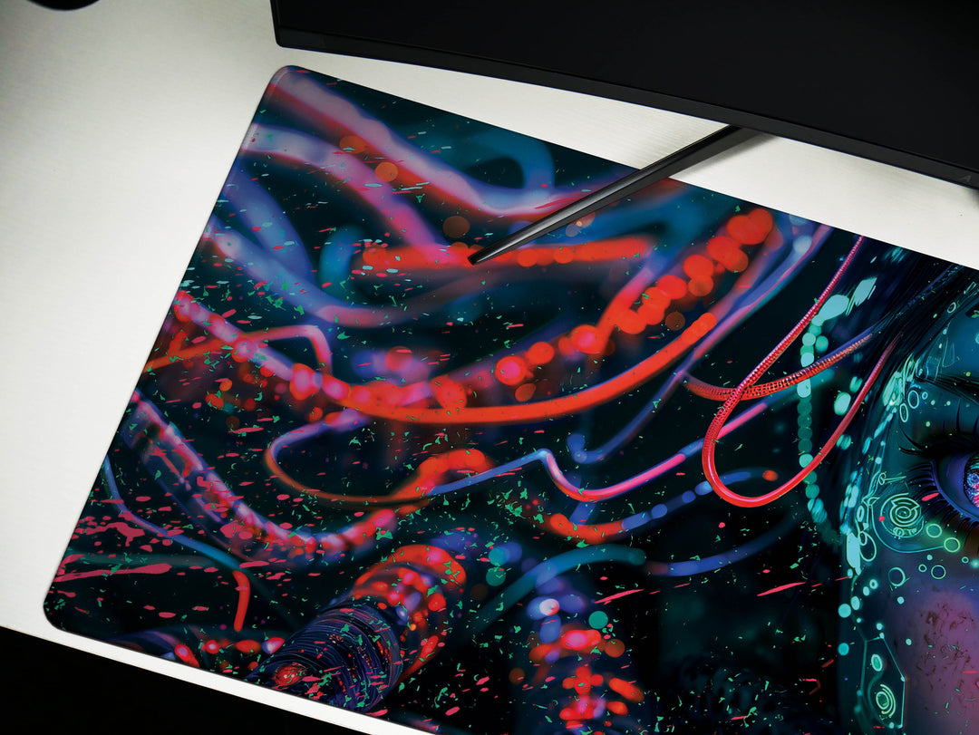 Cybernetic Reverie Design 4, Desk Pad, Mouse Pad, Desk Mat, Neon Depths, Cyber Reflections